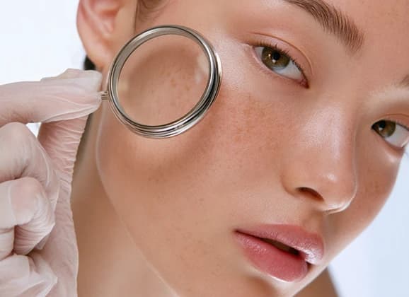 Skin examined with a magnifying lens